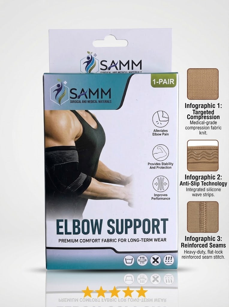 SAMM Elastic Elbow Support (1 Pair) – Breathable Compression Arm Sleeve for Sports, Fitness & Pain Relief